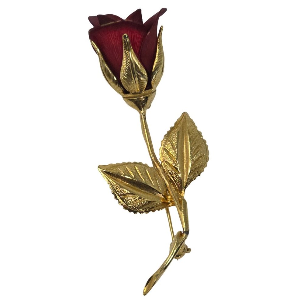 Vintage Covani Red Rose Brooch Gold Tone Floral Pin 3D Romantic Jewelry